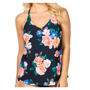Island Escape Tankini Top Womens Size 8 Black Multi Floral Print Underwire Swim
